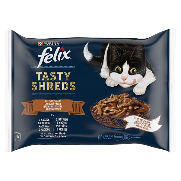 Felix Tasty Shreds Karma dla dorosłych kotów wiejskie smaki w sosie 320 g (4 x 80 g)