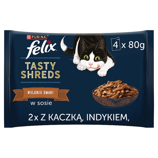 Felix Tasty Shreds Karma dla dorosłych kotów wiejskie smaki w sosie 320 g (4 x 80 g)