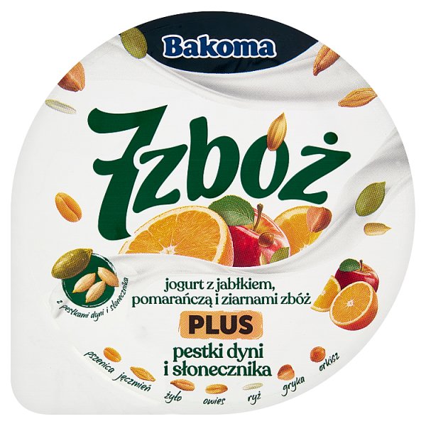 Bakoma 7 zbóż Jogurt z jabłkiem pomarańczą i ziarnami zbóż plus pestki dyni i słonecznika 300 g