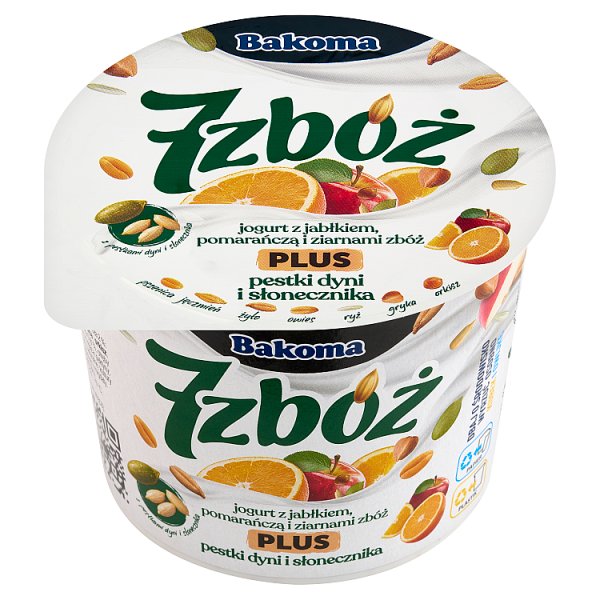 Bakoma 7 zbóż Jogurt z jabłkiem pomarańczą i ziarnami zbóż plus pestki dyni i słonecznika 300 g