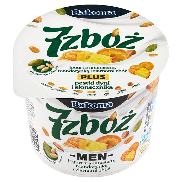 Bakoma 7 zbóż Men Jogurt z ananasem mandarynką i ziarnami zbóż plus pestki dyni i słonecznika 300 g