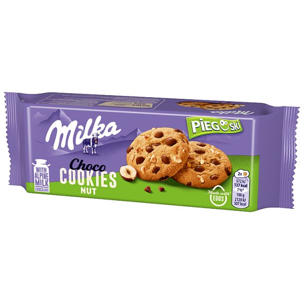 Milka Pieguski Choco Cookies Nut Ciasteczka z kawałkami czekolady mlecznej i orzechami 135 g