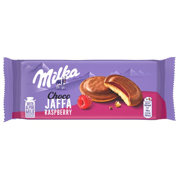 Milka Choco Jaffa Raspberry, biszkopty z galaretką o smaku malinowym z mleczną czekoladą - 147 g