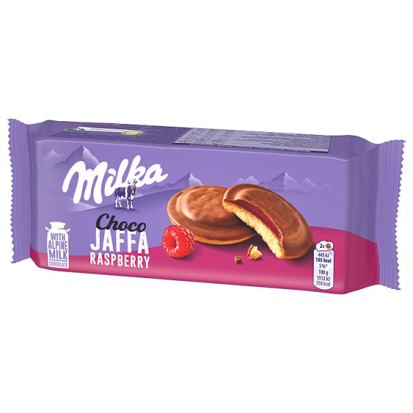 Milka Choco Jaffa Raspberry, biszkopty z galaretką o smaku malinowym z mleczną czekoladą - 147 g