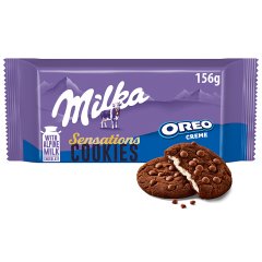 Milka Oreo Sensations, ciastka kakaowe z kawałkami czekolady i nadzieniem o smaku waniliowym - 156 g