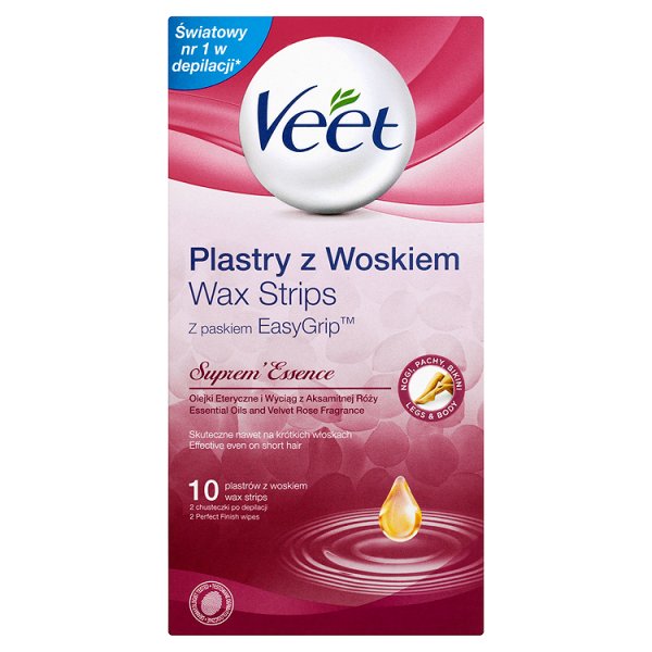 Veet Plastry z woskiem Suprem&#039;Essence z paskiem EasyGrip 10 plastrów i 2 chusteczki po depilacji