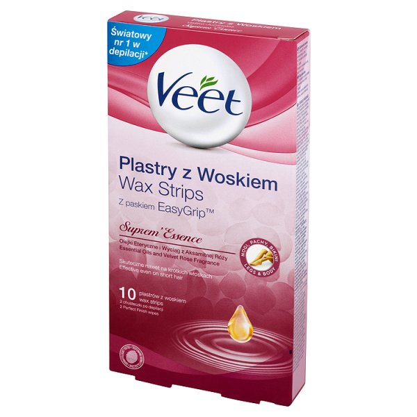 Veet Plastry z woskiem Suprem&#039;Essence z paskiem EasyGrip 10 plastrów i 2 chusteczki po depilacji