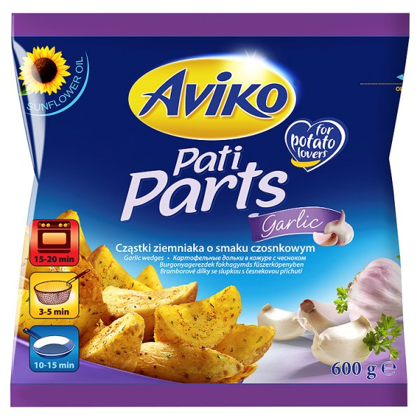 Aviko Pati Parts Garlic Cząstki ziemniaka o smaku czosnkowym 600 g