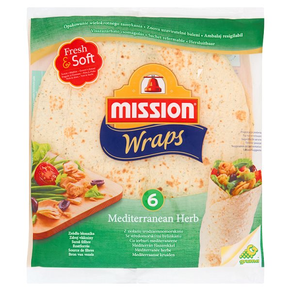 Mission Wraps Tortilla z mąki pszennej z ziołami śródziemnomorskimi 370 g (6 sztuk)
