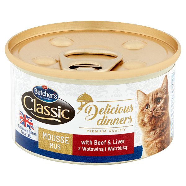 Butcher&#039;s Classic Delicious Dinners Karma dla dorosłych kotów mus z wołowiną i wątróbką 85 g