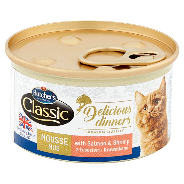 Butcher&#039;s Classic Delicious Dinners Karma dla dorosłych kotów mus z łososiem i krewetkami 85 g
