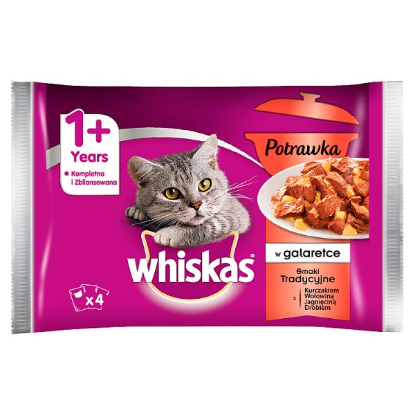 Whiskas 1+ lat Karma pełnoporcjowa potrawka w galaretce smaki tradycyjne 340 g (4 x 85 g)
