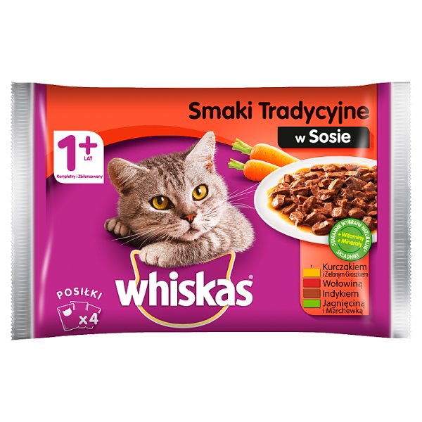 Whiskas 1+ lat Karma pełnoporcjowa smaki tradycyjne w sosie 400 g (4 x 100 g)