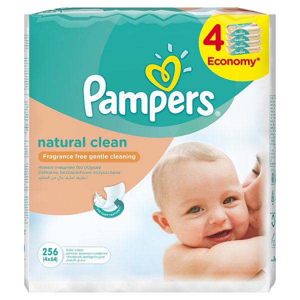 Pampers Natural Clean Bezzapachowe Chusteczki 4x64 sztuki