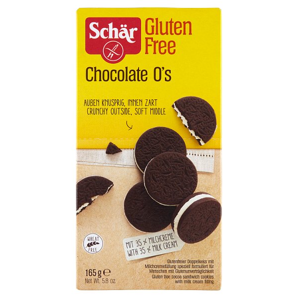 Schär Chocolate O&#039;s Bezglutenowe herbatniki kakaowe z mlecznym nadzieniem 165 g (16 sztuk)