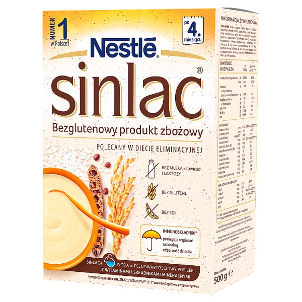 Nestlé Sinlac Bezglutenowy produkt zbożowy bez laktozy soi dla niemowląt po 4. miesiącu 500 g