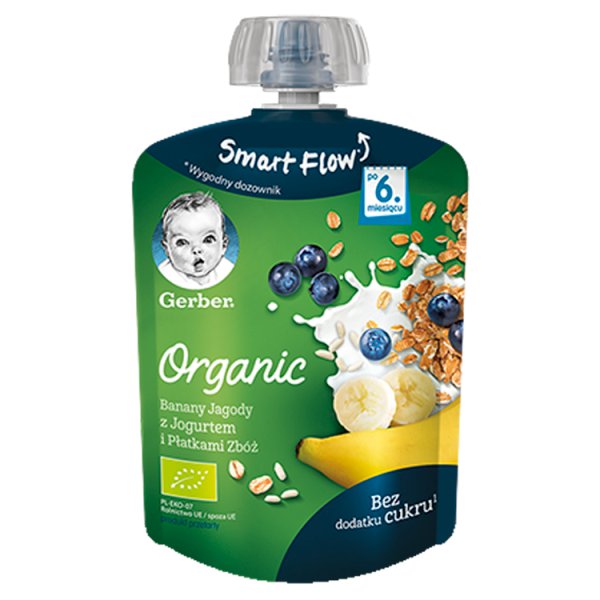 Gerber Organic Deserek Banany jagody z jogurtem i płatkami zbóż dla niemowląt po 6. miesiącu 90 g