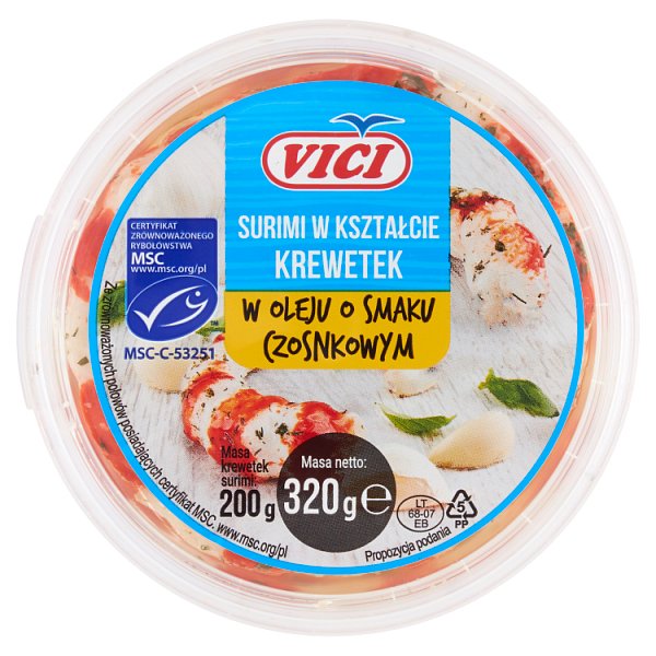 Vici Surimi w kształcie krewetek w oleju o smaku czosnkowym 320 g