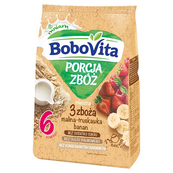 BoboVita Porcja Zbóż Kaszka mleczna 3 zboża malina-truskawka-banan po 6 miesiącu 210 g