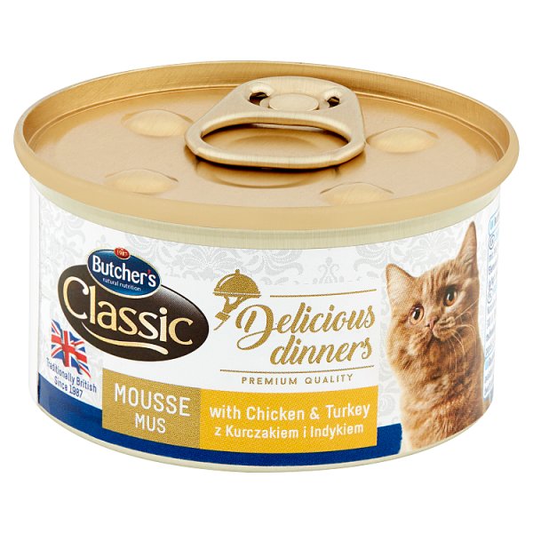 Butcher&#039;s Classic Delicious Dinners Karma dla dorosłych kotów mus z kurczakiem i indykiem 85 g