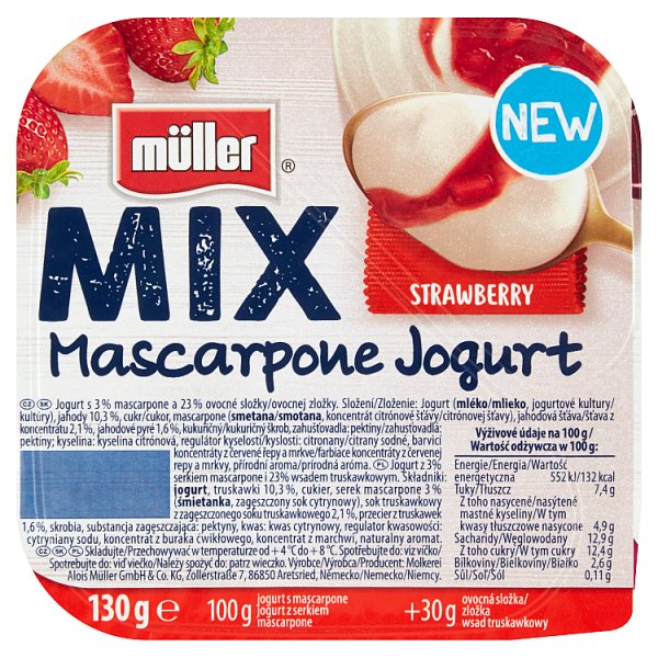 Müller Mix Jogurt z serkiem mascarpone i wsadem truskawkowym 130 g