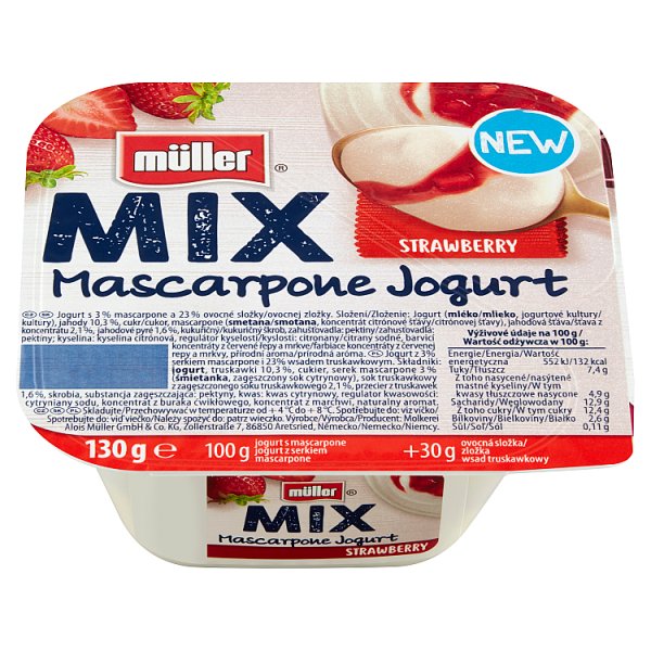 Müller Mix Jogurt z serkiem mascarpone i wsadem truskawkowym 130 g