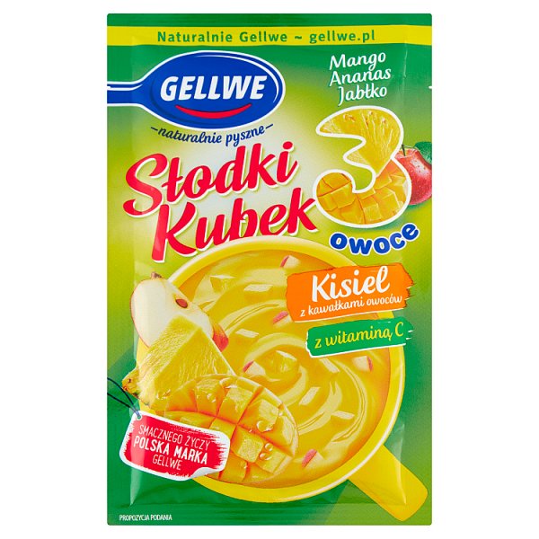 Gellwe Słodki Kubek 3 owoce Kisiel z kawałkami owoców mango ananas jabłko 30 g