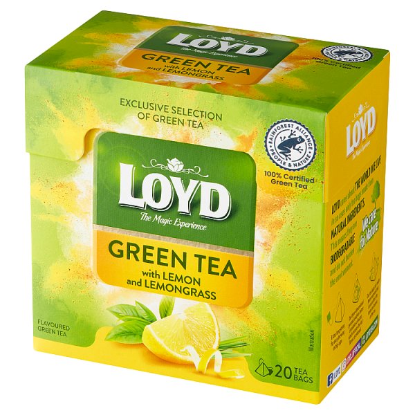 Loyd Herbata zielona aromatyzowana o smaku cytryny z trawą cytrynową 30 g (20 x 1,5 g)