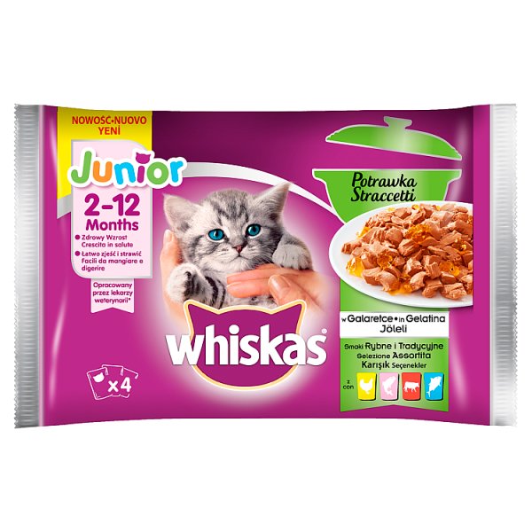 Whiskas Junior Karma pełnoporcjowa potrawka w galaretce smaki rybne i tradycyjne 340 g (4 x 85 g)