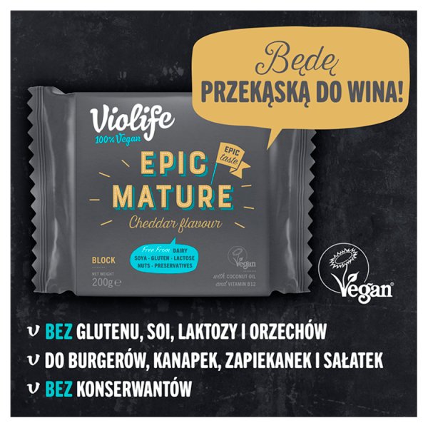 Violife Produkt na bazie oleju kokosowego o smaku epicki dojrzały cheddar blok 200 g