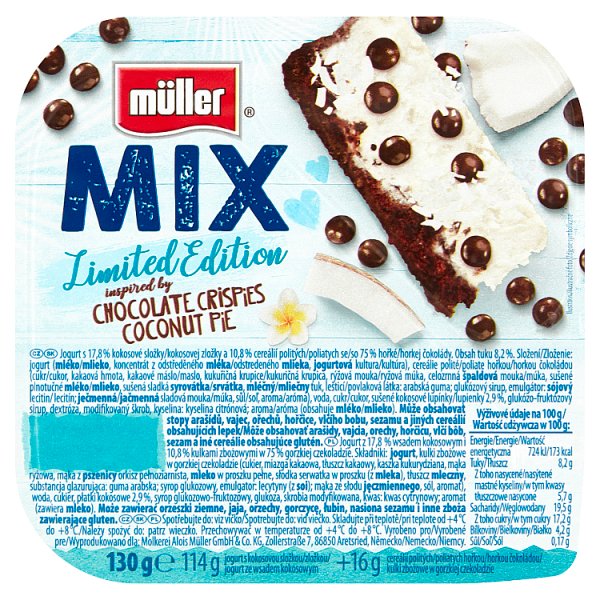 Müller Mix Jogurt z wsadem kokosowym i kulkami zbożowymi w gorzkiej czekoladzie 130 g