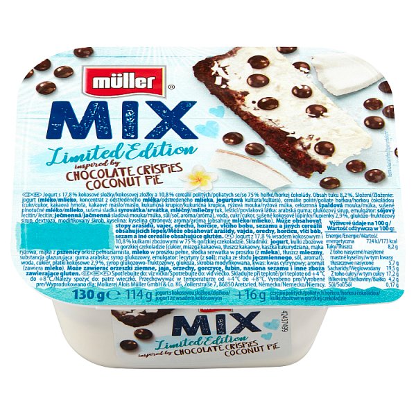 Müller Mix Jogurt z wsadem kokosowym i kulkami zbożowymi w gorzkiej czekoladzie 130 g