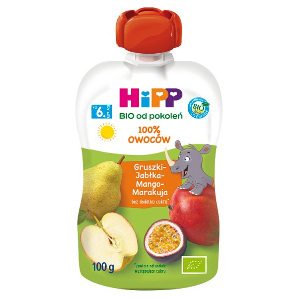 HiPP BIO Mus owocowy po 6. miesiącu gruszki-jabłka-mango-marakuja 100 g