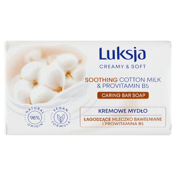 Luksja Creamy &amp; Soft Kremowe mydło łagodzące mleczko bawełniane i prowitamina B5 90 g
