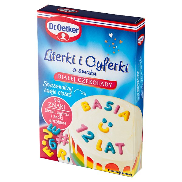 Dr. Oetker Literki i cyferki o smaku białej czekolady 38 g (94 sztuki)