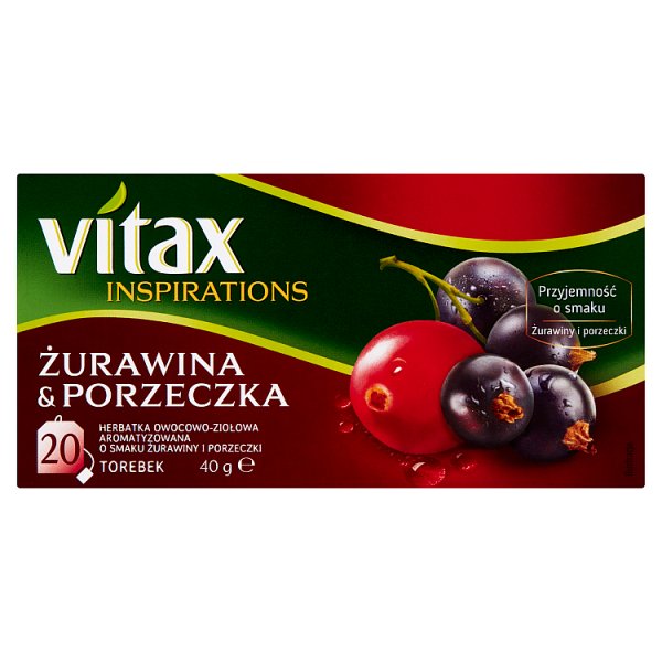 Vitax Inspirations Herbatka owocowo-ziołowa aromatyzowana o smaku żurawiny porzeczki 40 g (20 x 2 g)