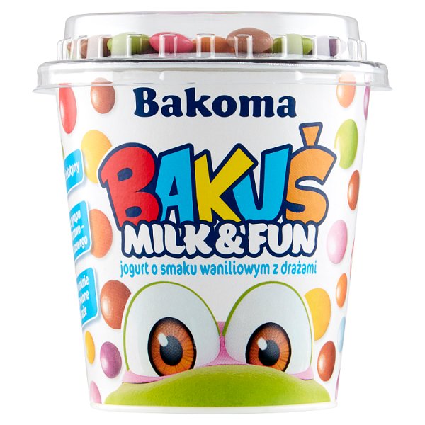 Bakoma Bakuś Milk &amp; Fun Jogurt o smaku waniliowym z drażami 135 g