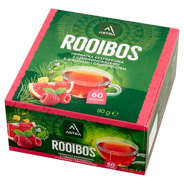 Astra Rooibos Herbatka ekspresowa Rooibos z malinami i grapefruitem 90 g (60 x 1,5 g)