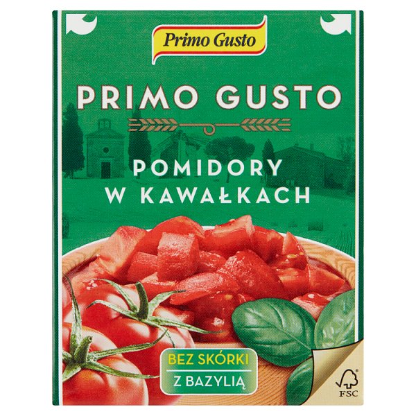 Primo Gusto Pomidory w kawałkach bez skórki z bazylią 390 g