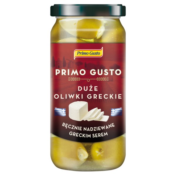 Primo Gusto Duże oliwki greckie ręcznie nadziewane greckim serem 230 g