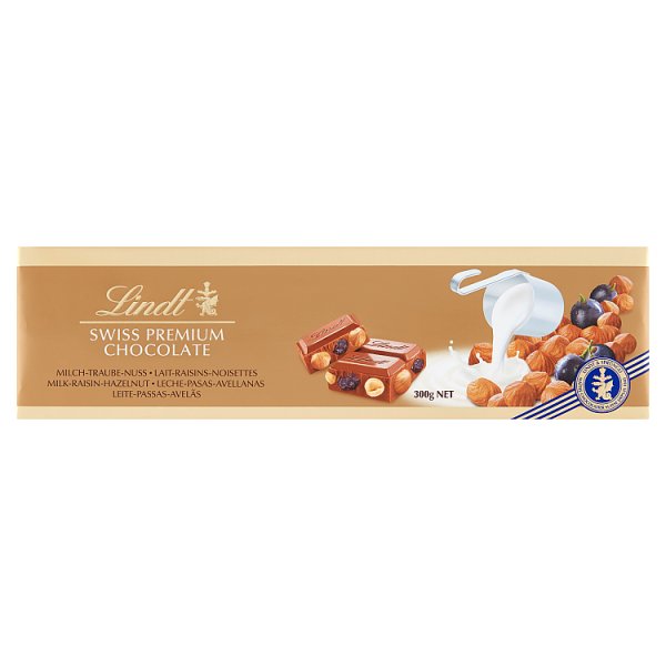 Lindt Szwajcarska czekolada mleczna z rodzynkami całymi orzechami laskowymi i migdałami 300 g