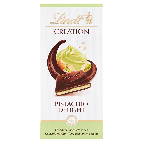 Lindt Creation Czekolada ciemna z nadzieniem o smaku pistacjowym z kawałkami migdałów 150 g