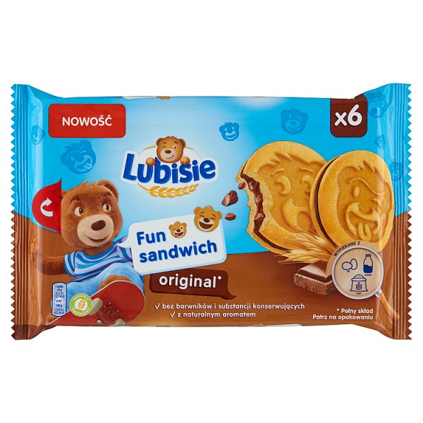 Lubisie Fun Sandwich Original Ciastka biszkoptowe przekładane nadzieniem kakaowym 180 g (6 sztuk)