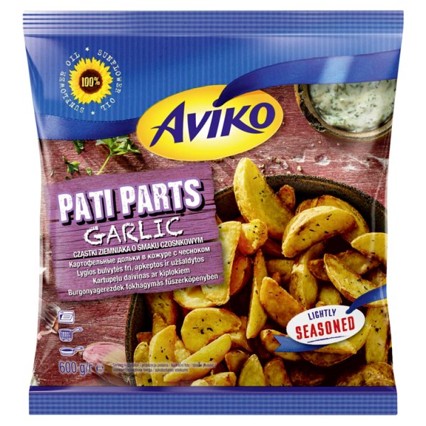 Aviko Pati Parts Garlic Cząstki ziemniaka o smaku czosnkowym 600 g