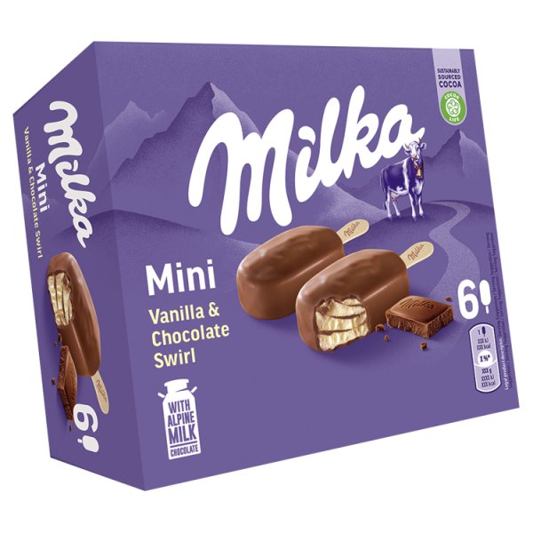 Milka Lody waniliowe z kawałkami polewy z czekoladą mleczną 300 ml (6 sztuk)