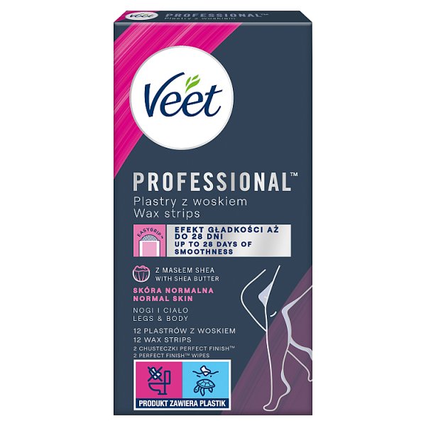 Veet Professional Plastry z woskiem skóra normalna 12 sztuk i 2 chusteczki