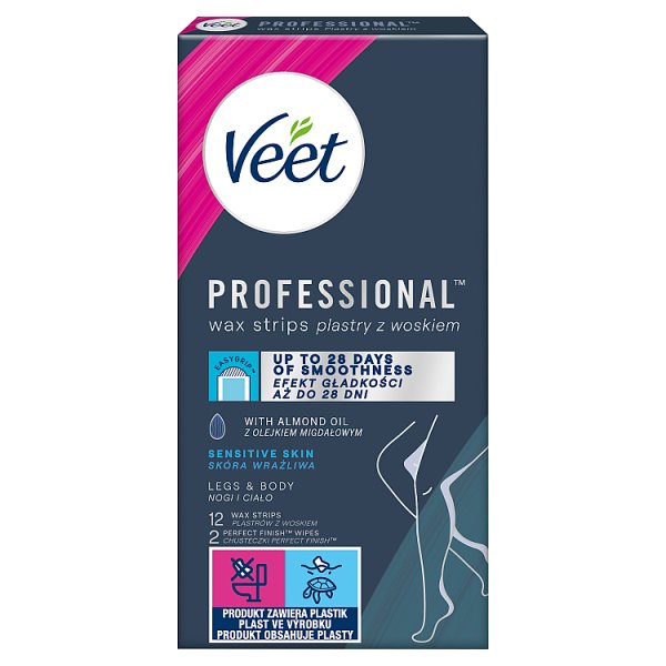 Veet Professional Plastry z woskiem skóra wrażliwa 12 sztuk i 2 chusteczki