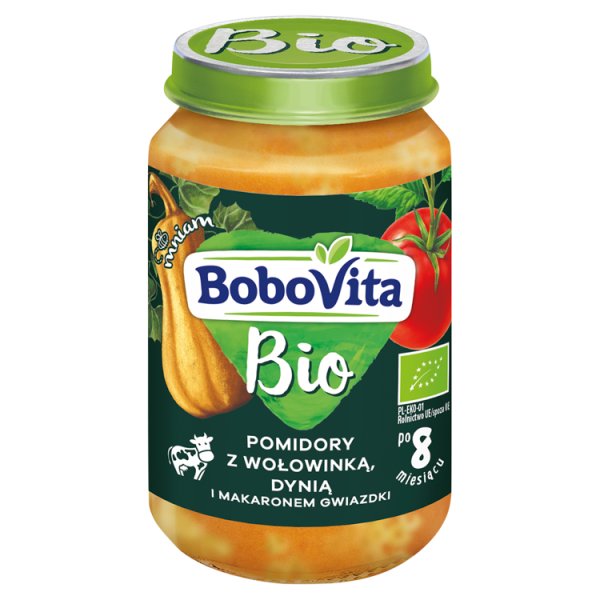 BoboVita Bio Pomidory z wołowinką dynią i makaronem gwiazdki po 8 miesiącu 190 g