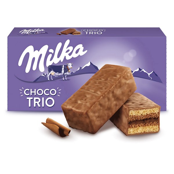 Milka Choco Trio Ciastko biszkoptowe z nadzieniem kakaowym oblane czekoladą mleczną 150 g (5 sztuk)