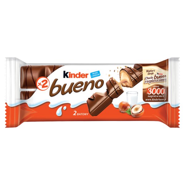 Kinder Bueno Wafel w mlecznej czekoladzie wypełniony mleczno-orzechowym nadzieniem 43 g (2 sztuki)